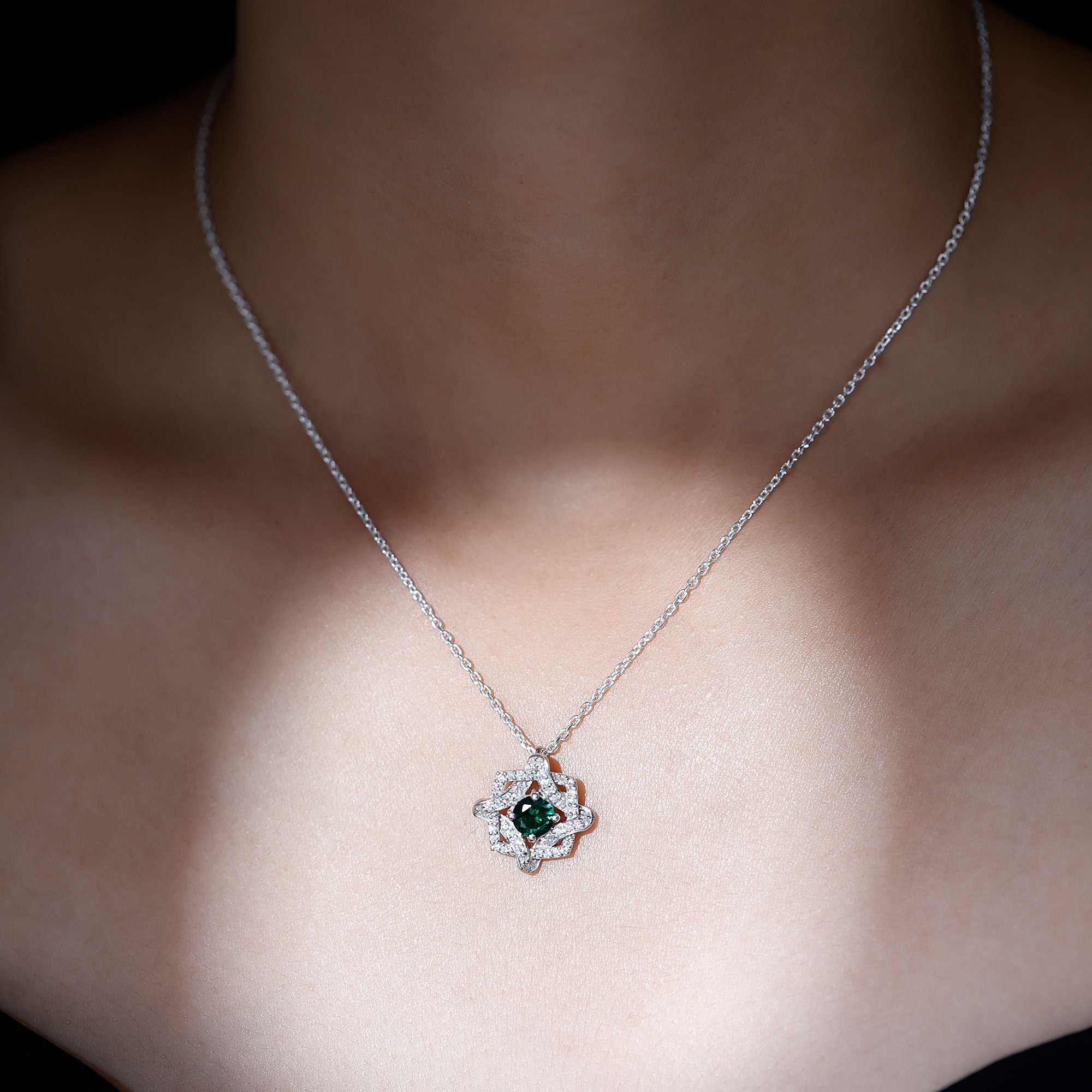 Certified Lab Grown Emerald Interlock Necklace With Silver Chain