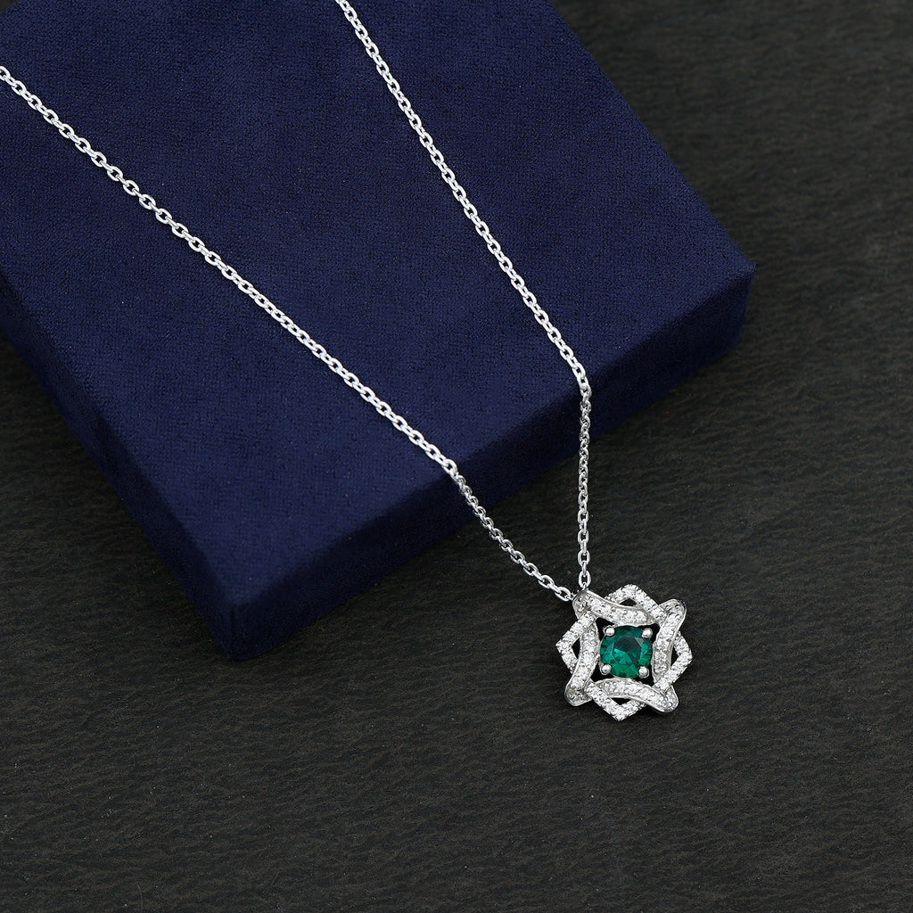 Certified Lab Grown Emerald Interlock Necklace With Silver Chain