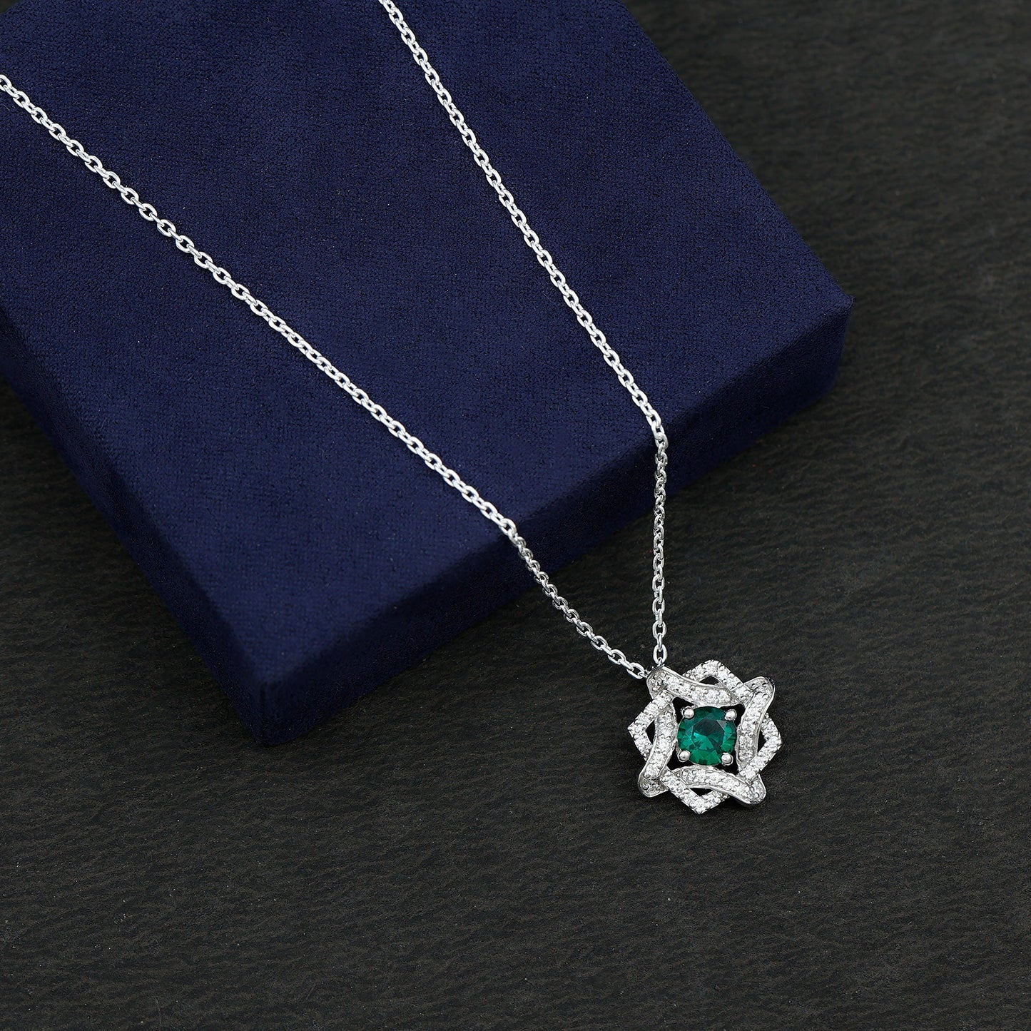 Certified Lab Grown Emerald Interlock Necklace With Silver Chain