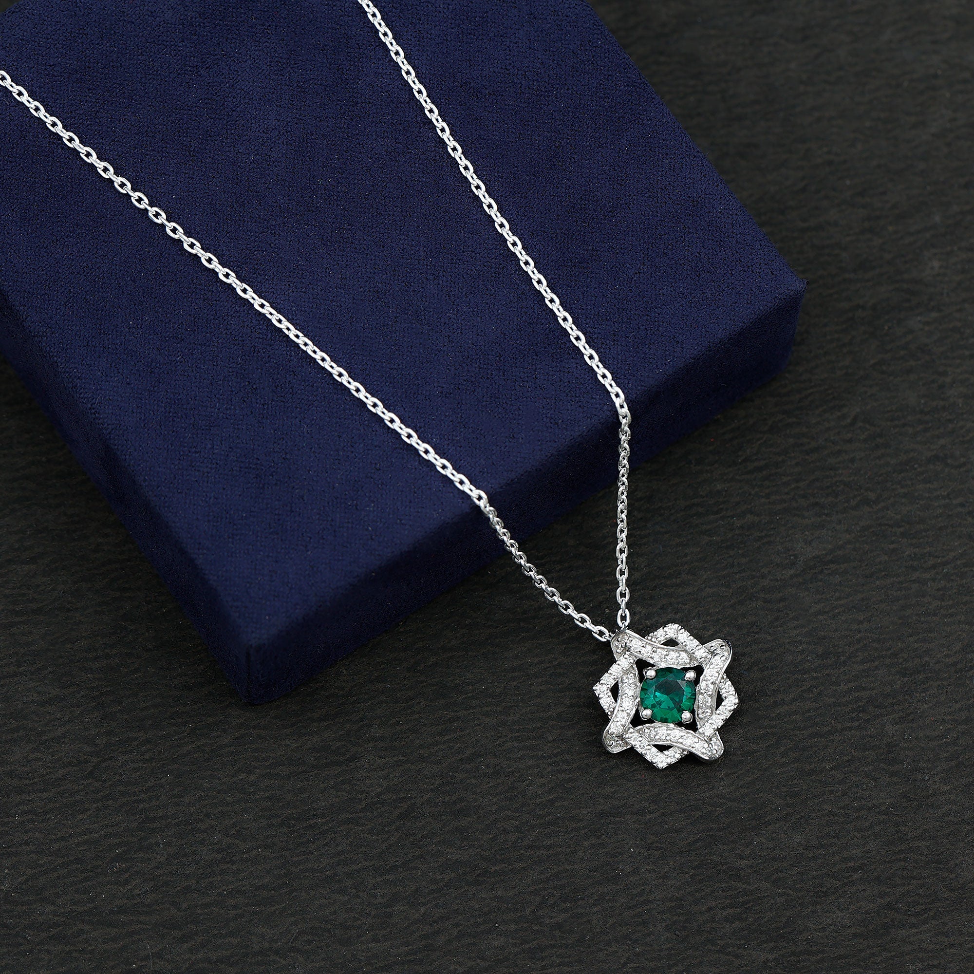 Certified Lab Grown Emerald Interlock Necklace With Silver Chain