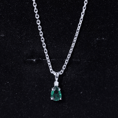 Lab Grown Emerald Teardrop Pendant Necklace with Silver Chain,