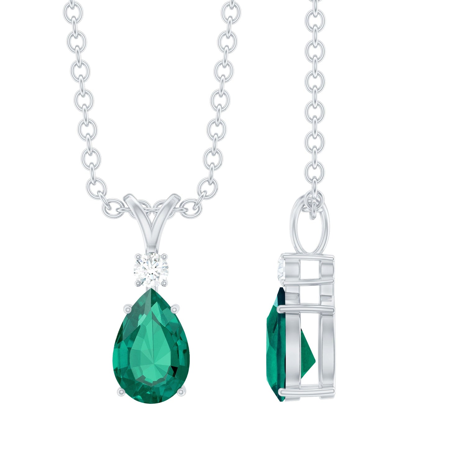 Lab Grown Emerald Teardrop Pendant Necklace with Silver Chain,