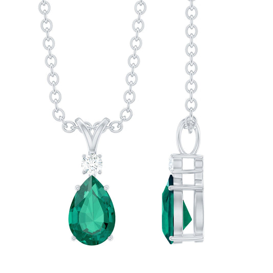 Lab Grown Emerald Teardrop Pendant Necklace with Silver Chain,