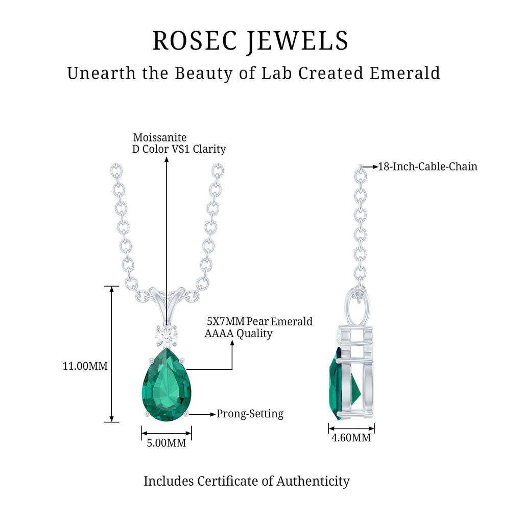 Lab Grown Emerald Teardrop Pendant Necklace with Silver Chain,