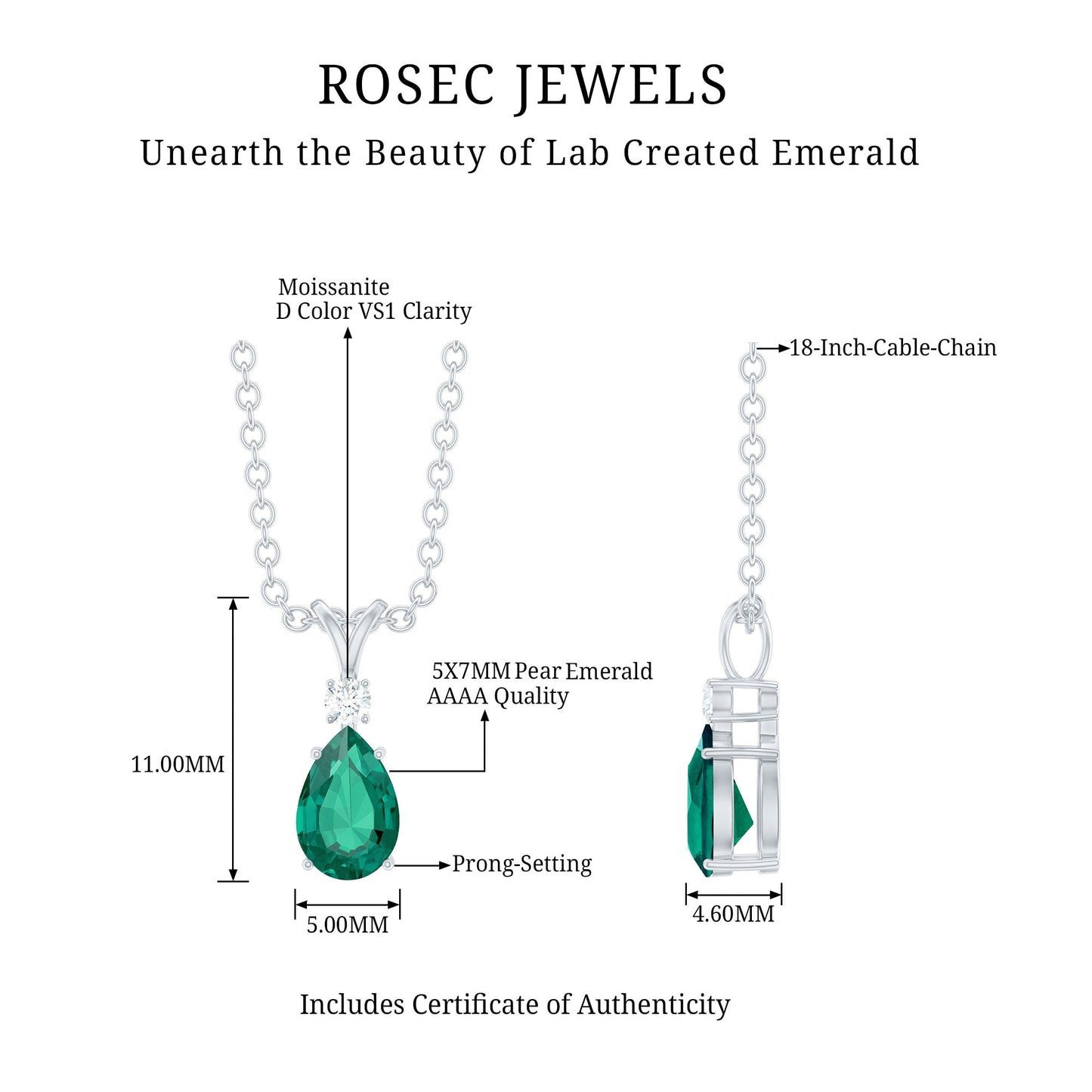 Lab Grown Emerald Teardrop Pendant Necklace with Silver Chain,