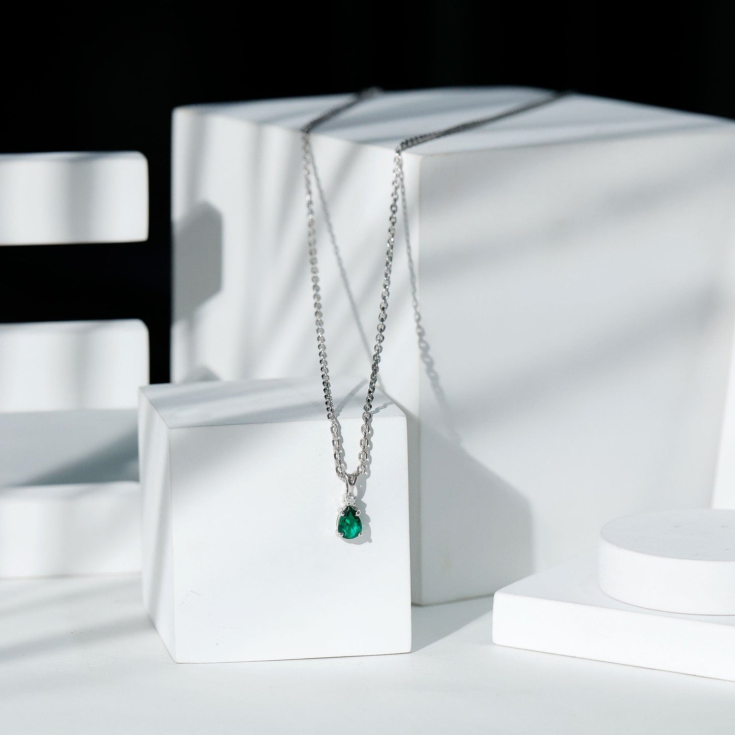 Lab Grown Emerald Teardrop Pendant Necklace with Silver Chain,