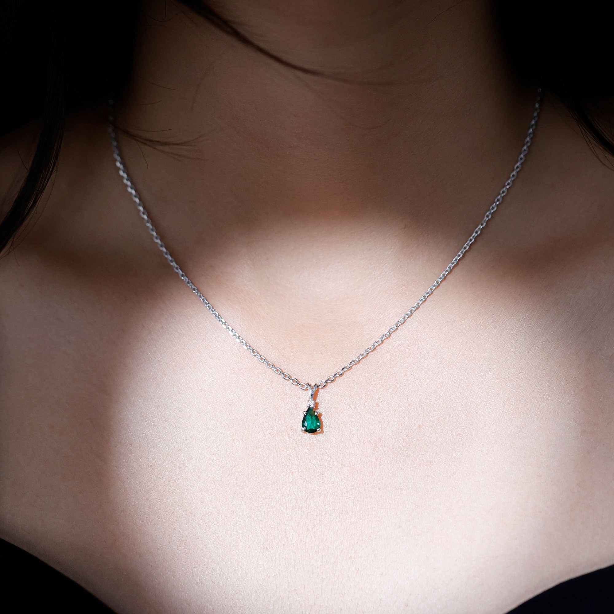 Lab Grown Emerald Teardrop Pendant Necklace with Silver Chain,