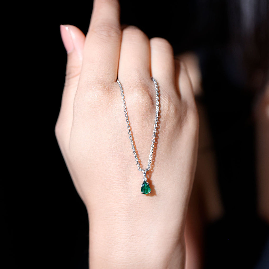 Lab Grown Emerald Teardrop Pendant Necklace with Silver Chain,