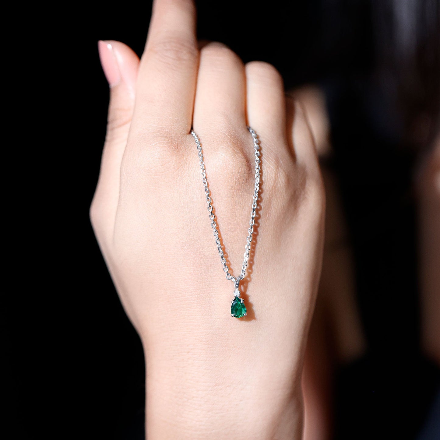 Lab Grown Emerald Teardrop Pendant Necklace with Silver Chain,