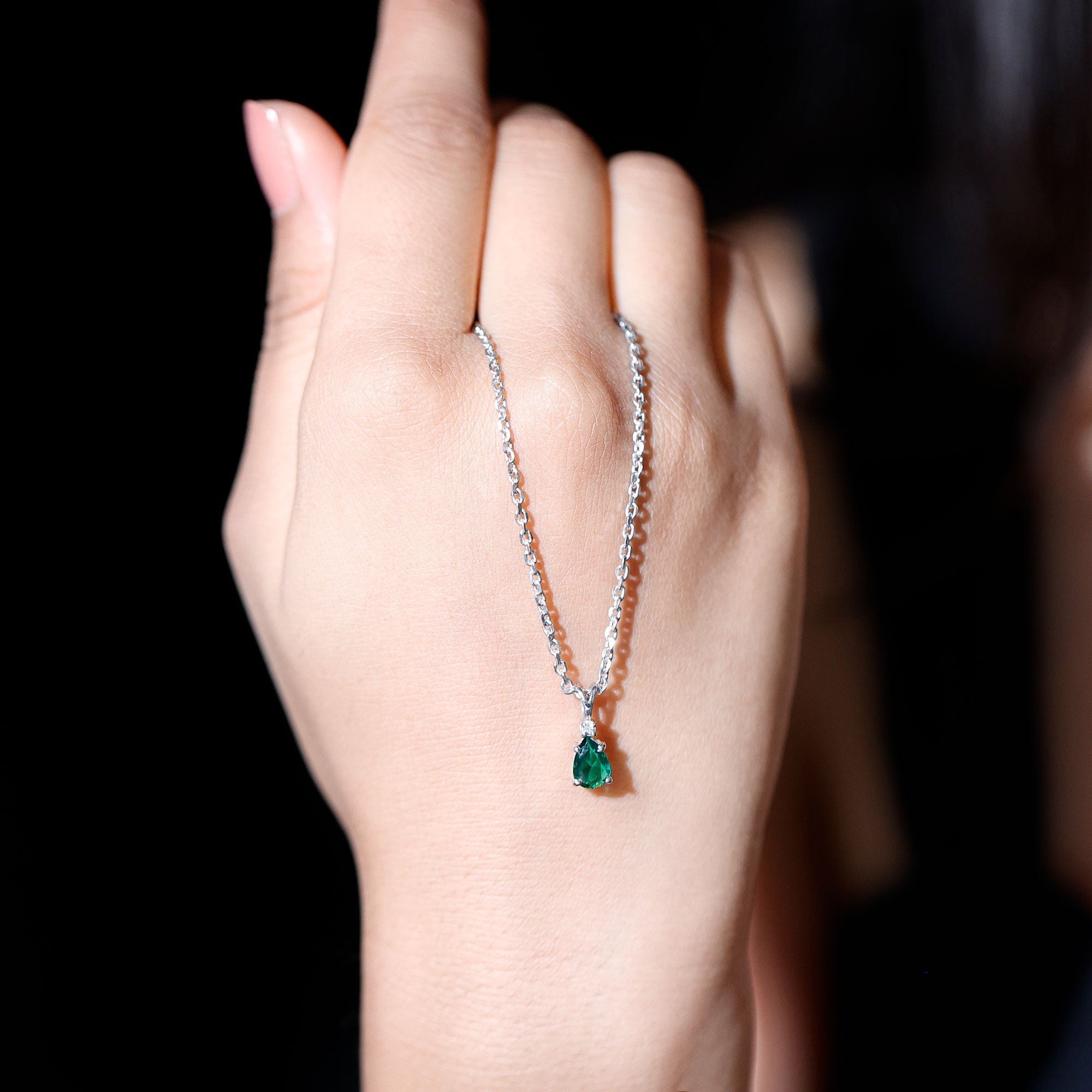 Lab Grown Emerald Teardrop Pendant Necklace with Silver Chain,