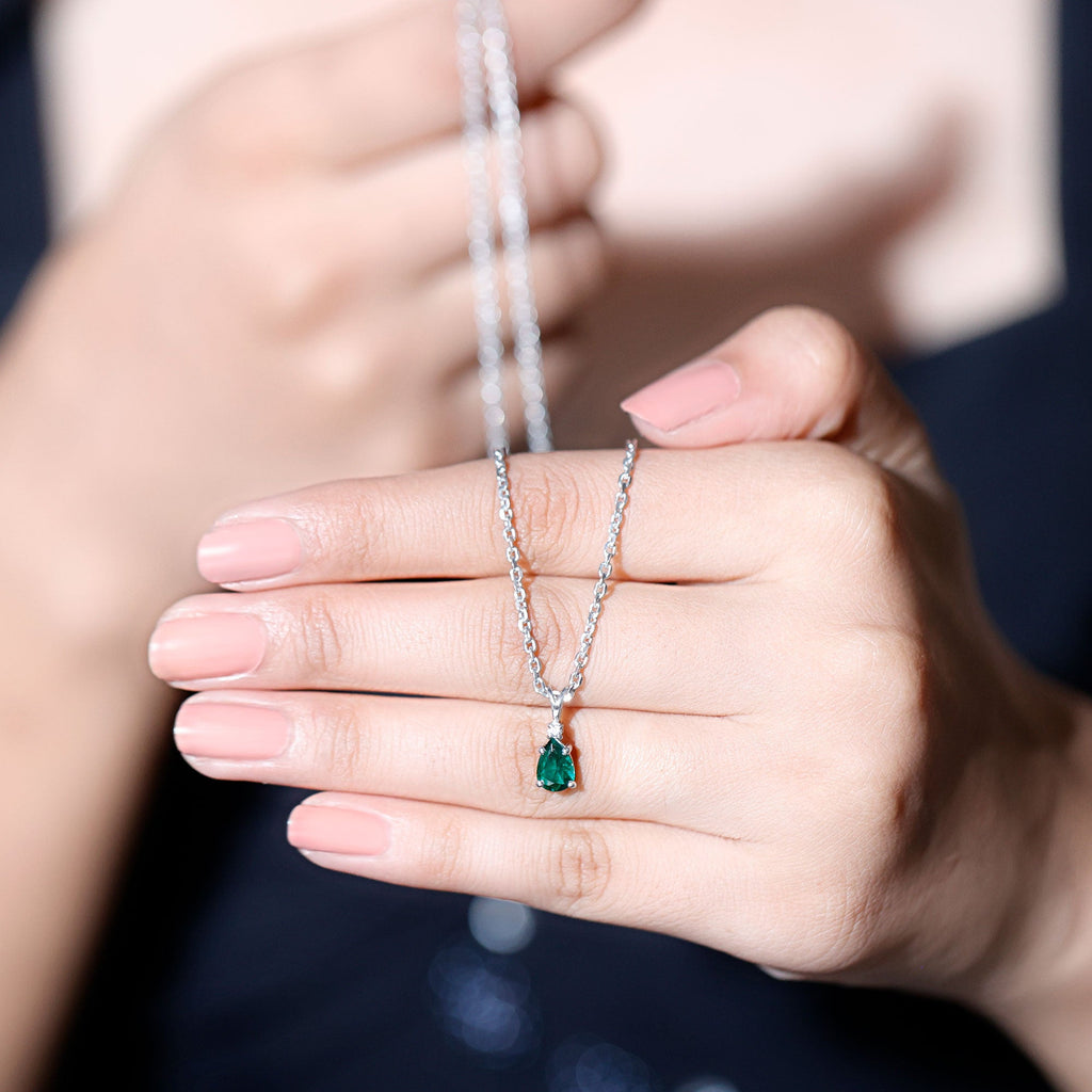 Lab Grown Emerald Teardrop Pendant Necklace with Silver Chain,