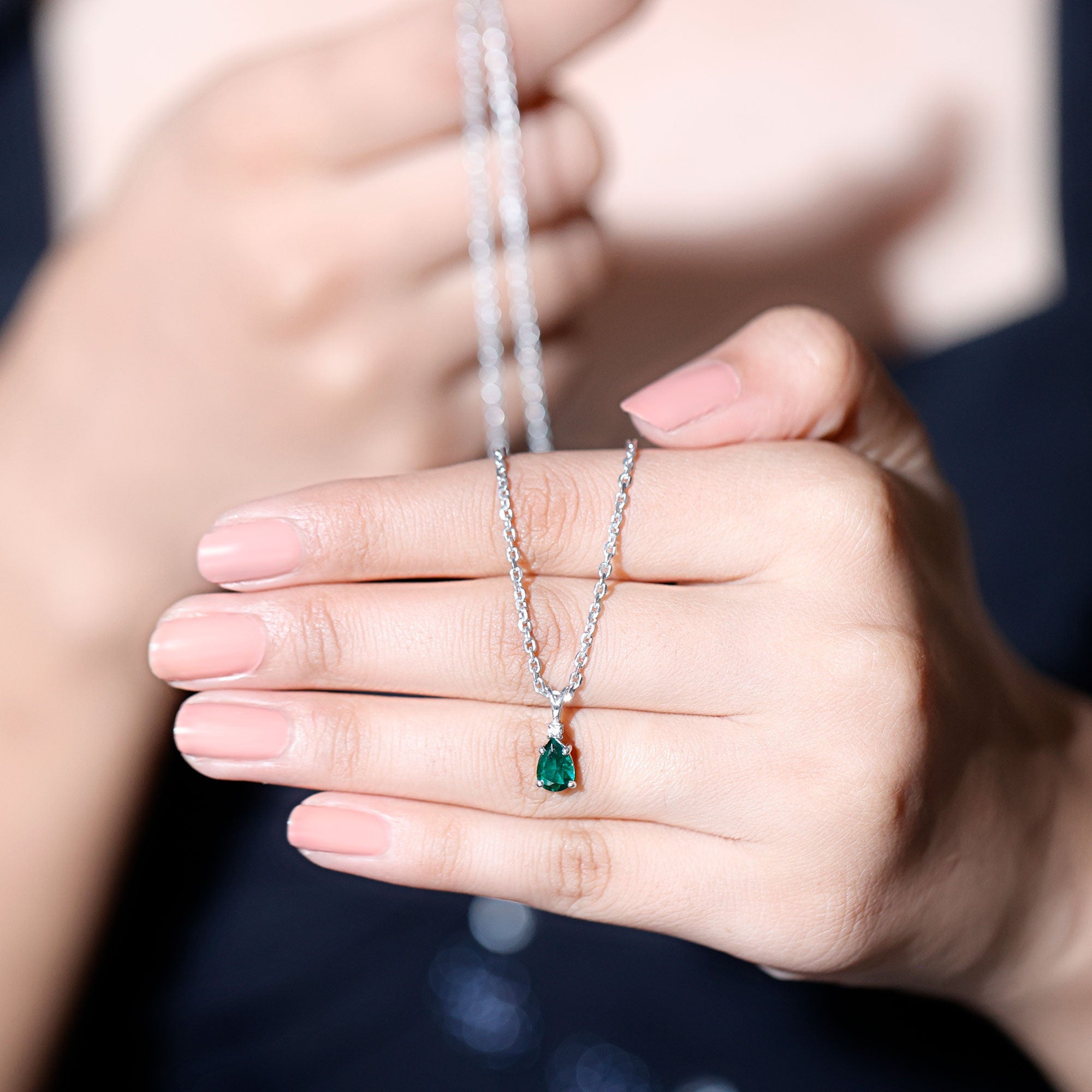 Lab Grown Emerald Teardrop Pendant Necklace with Silver Chain,