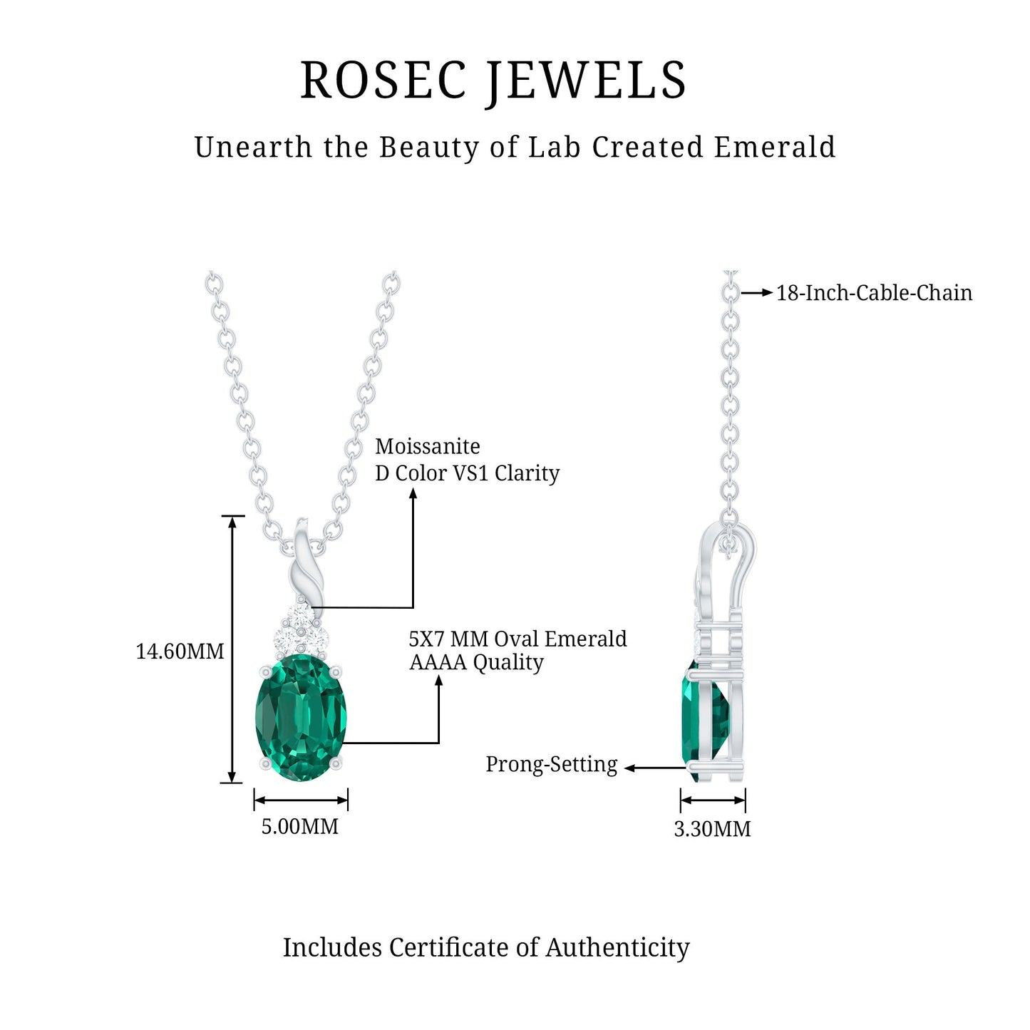 Lab Created Emerald Solitaire Pendant Necklace with Moissanite