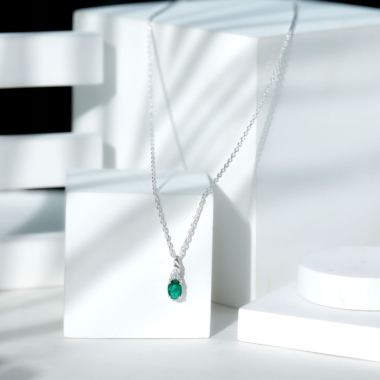 Lab Created Emerald Solitaire Pendant Necklace with Moissanite