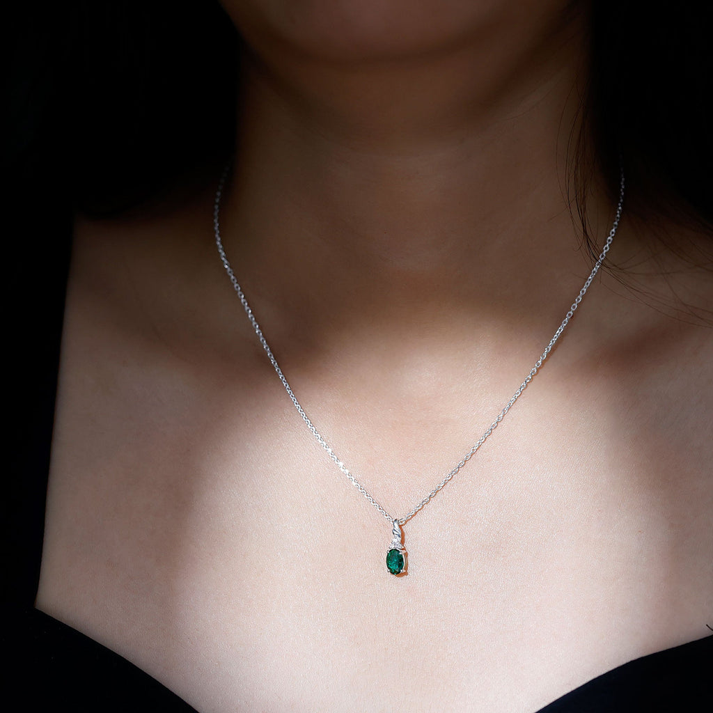 Lab Created Emerald Solitaire Pendant Necklace with Moissanite