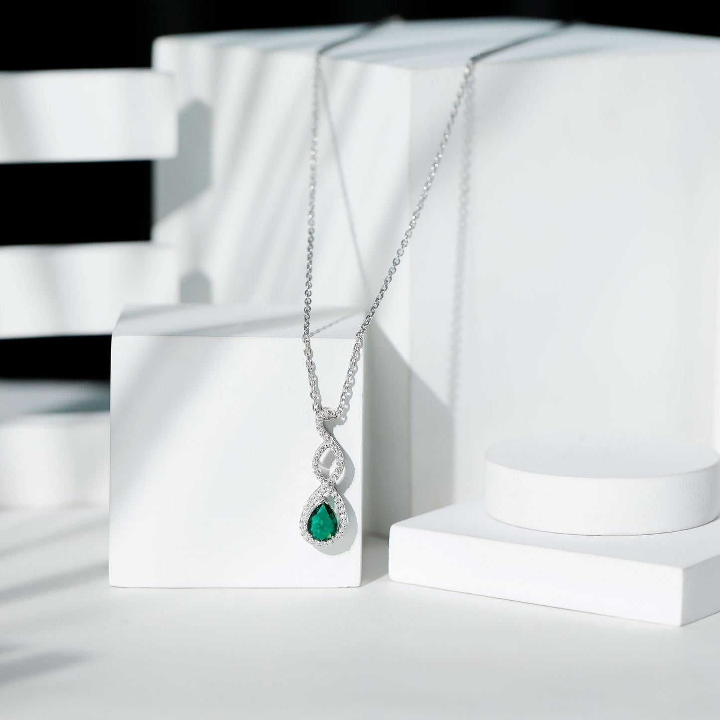 Lab Created 6X8 MM Emerald Infinity Necklace with Silver Chain