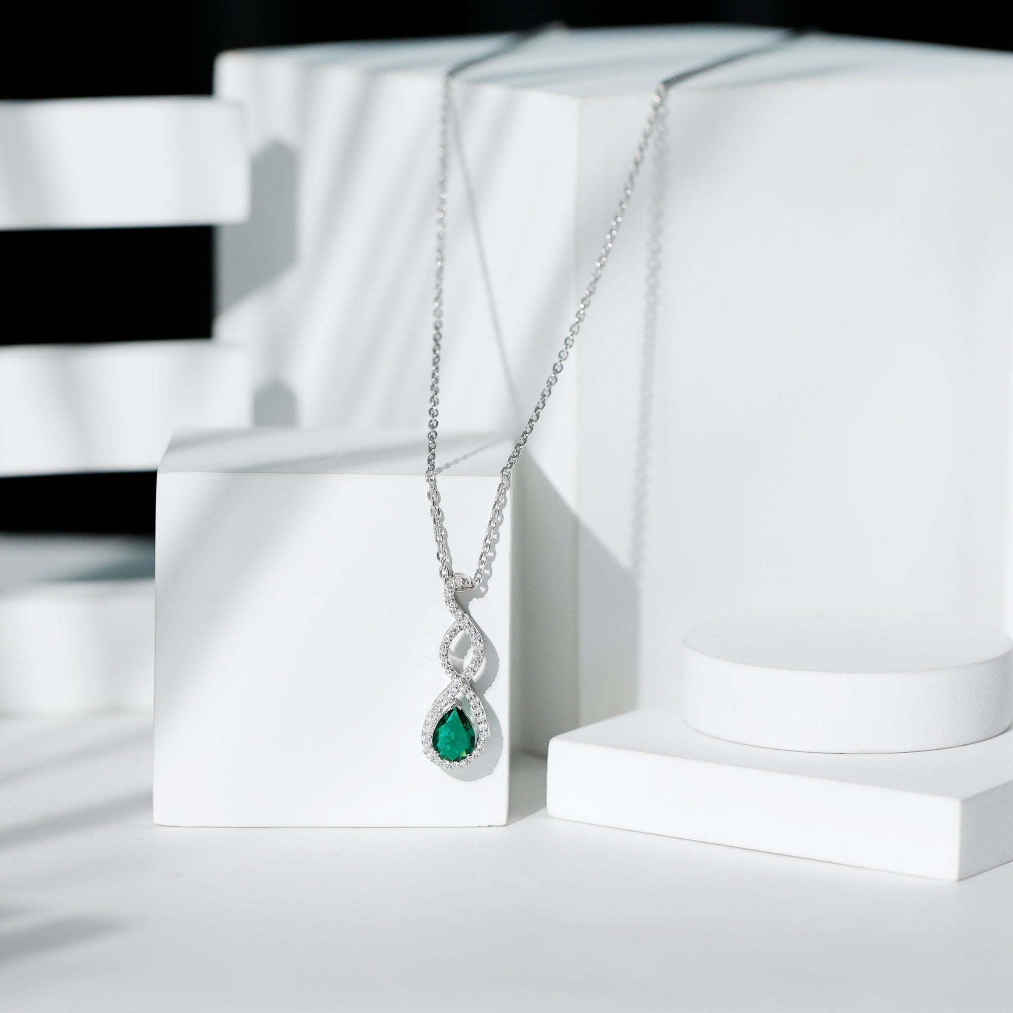 Lab Created 6X8 MM Emerald Infinity Necklace with Silver Chain