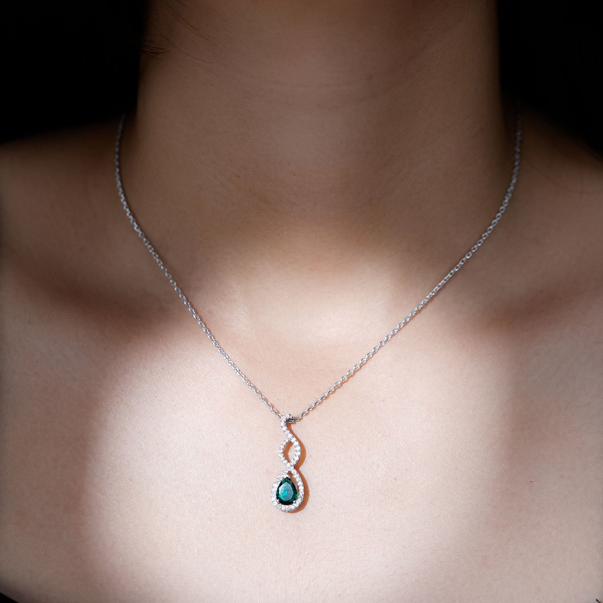 Lab Created 6X8 MM Emerald Infinity Necklace with Silver Chain