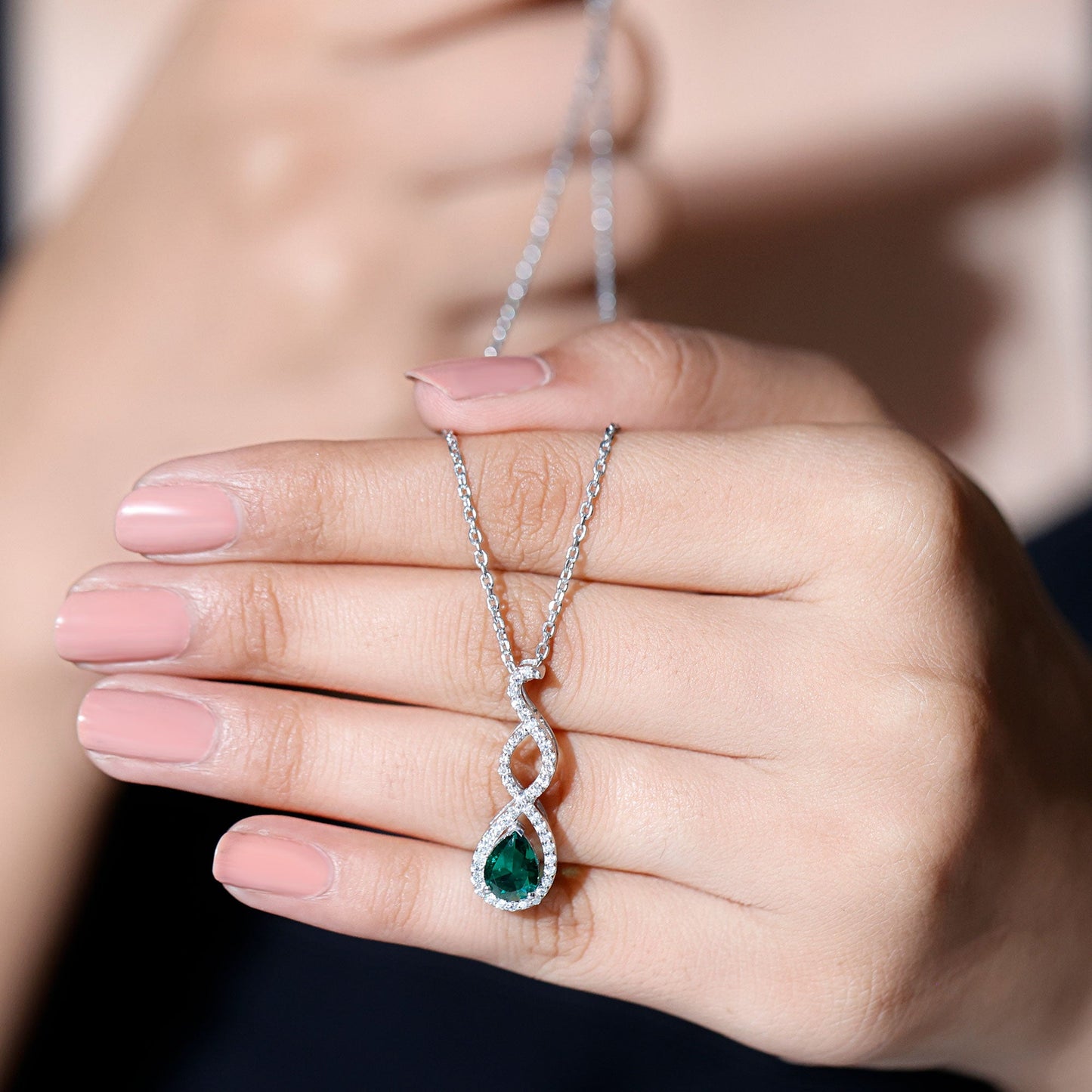 Lab Created 6X8 MM Emerald Infinity Necklace with Silver Chain