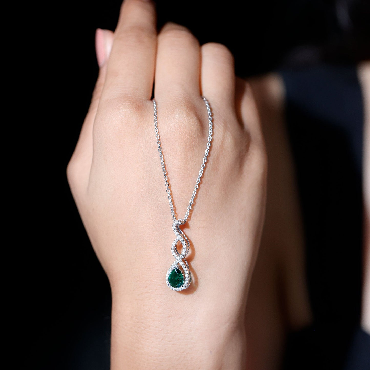 Lab Created 6X8 MM Emerald Infinity Necklace with Silver Chain