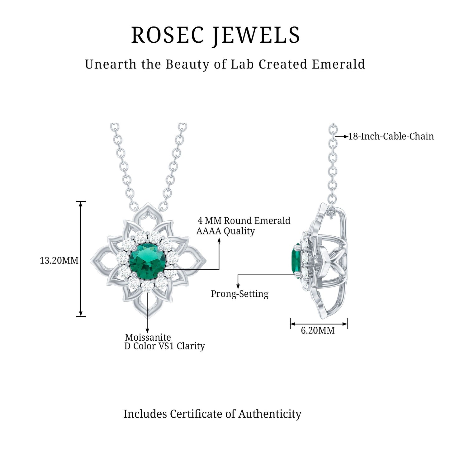 Nature-Inspired Emerald Silver Flower Necklace for Her