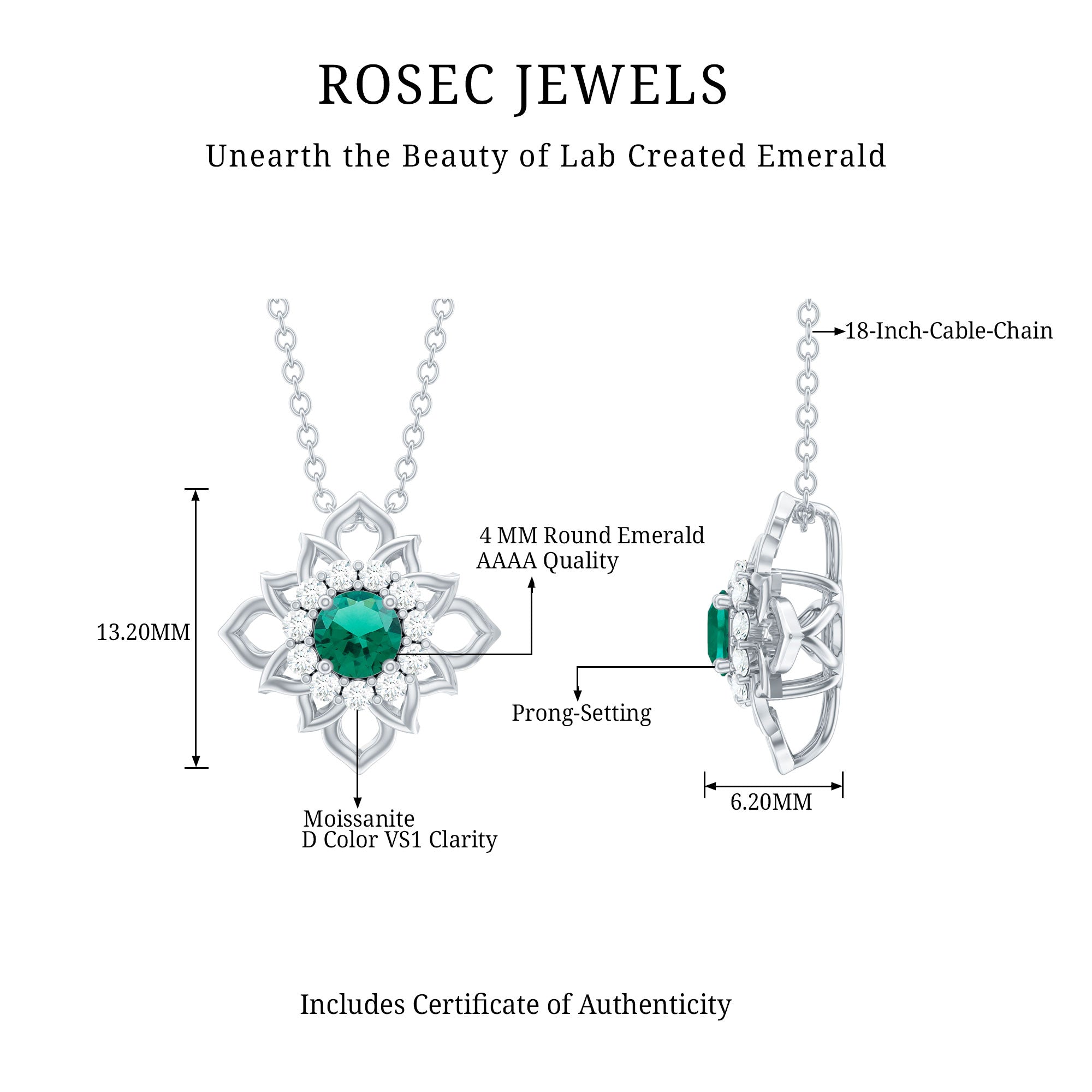 Nature-Inspired Emerald Silver Flower Necklace for Her