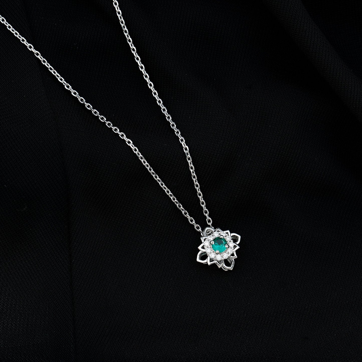 Nature-Inspired Emerald Silver Flower Necklace for Her