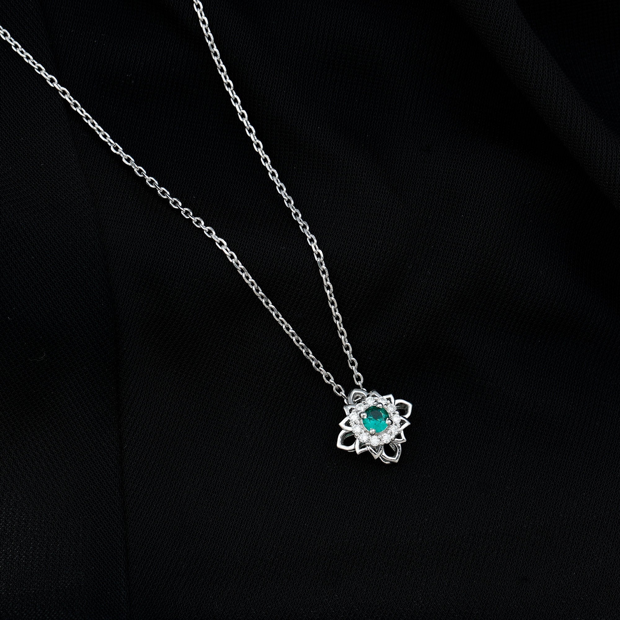 Nature-Inspired Emerald Silver Flower Necklace for Her