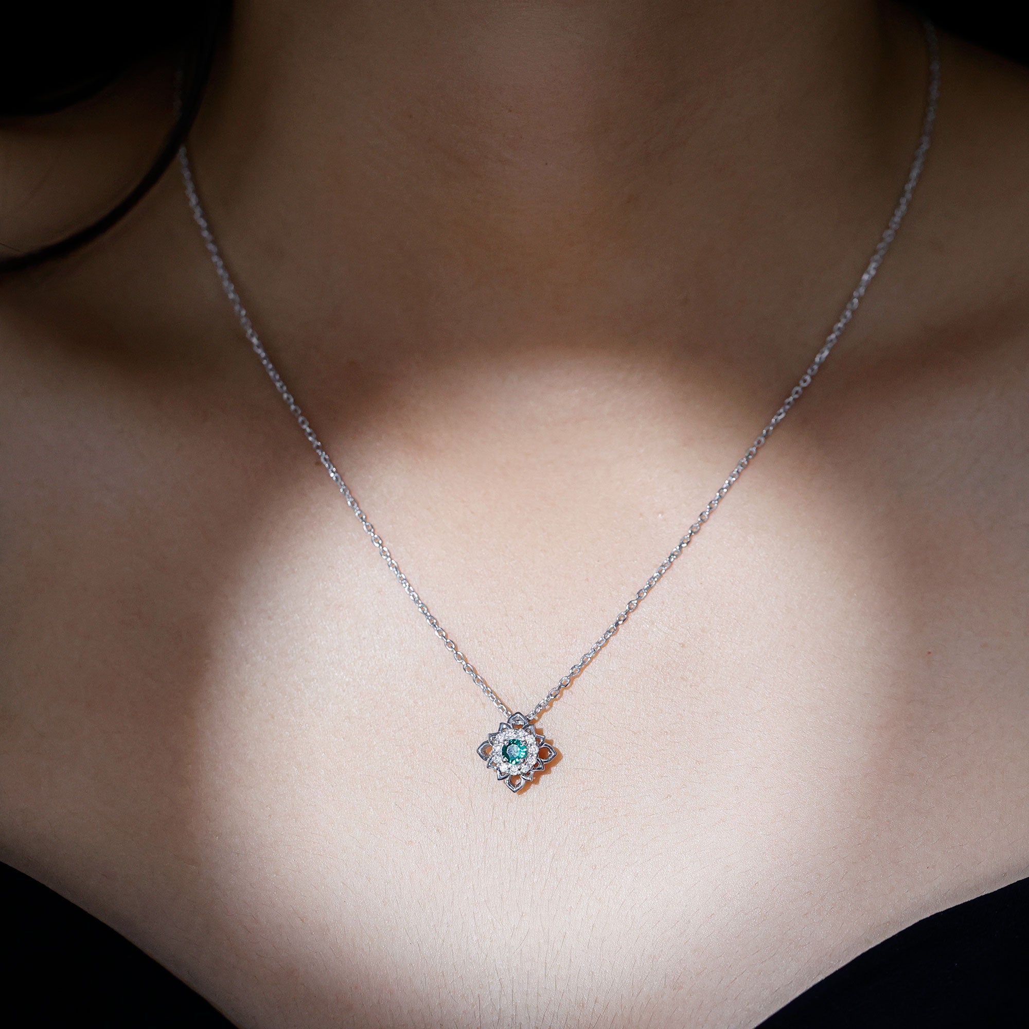 Nature-Inspired Emerald Silver Flower Necklace for Her