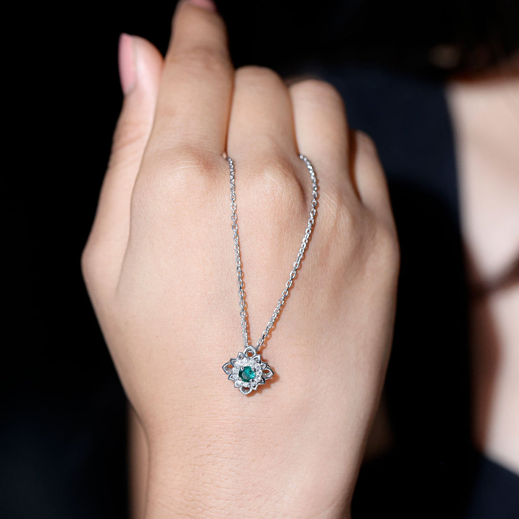 Nature-Inspired Emerald Silver Flower Necklace for Her