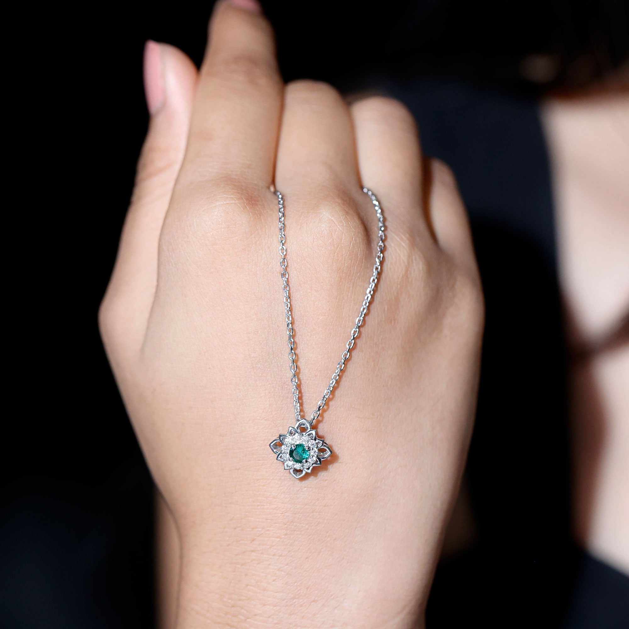 Nature-Inspired Emerald Silver Flower Necklace for Her