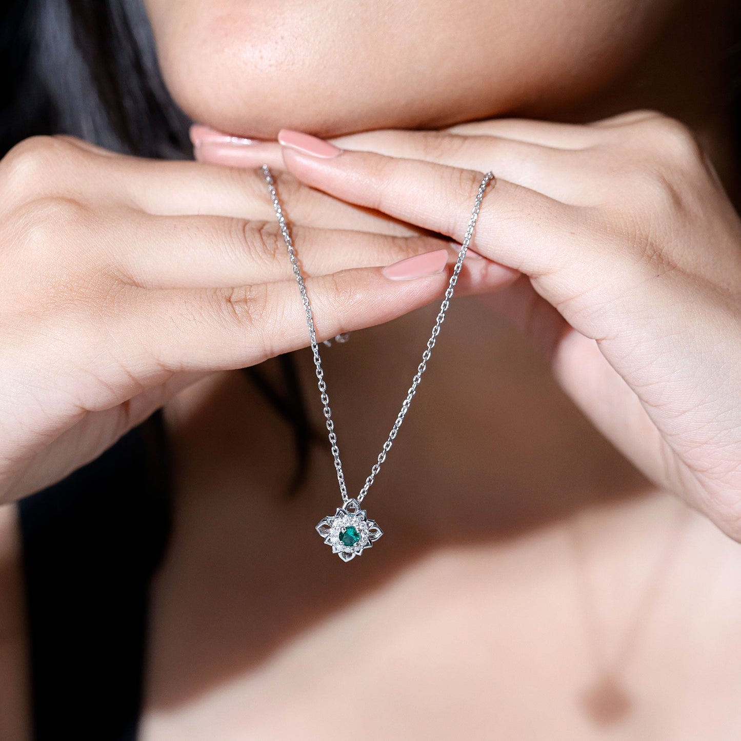 Nature-Inspired Emerald Silver Flower Necklace for Her