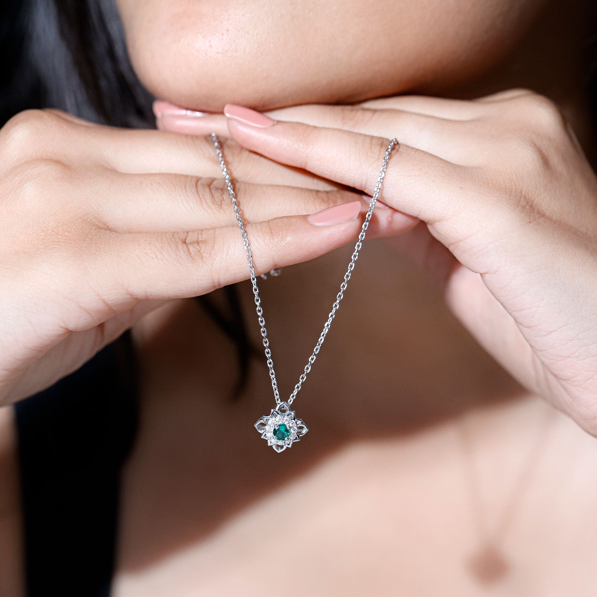 Nature-Inspired Emerald Silver Flower Necklace for Her