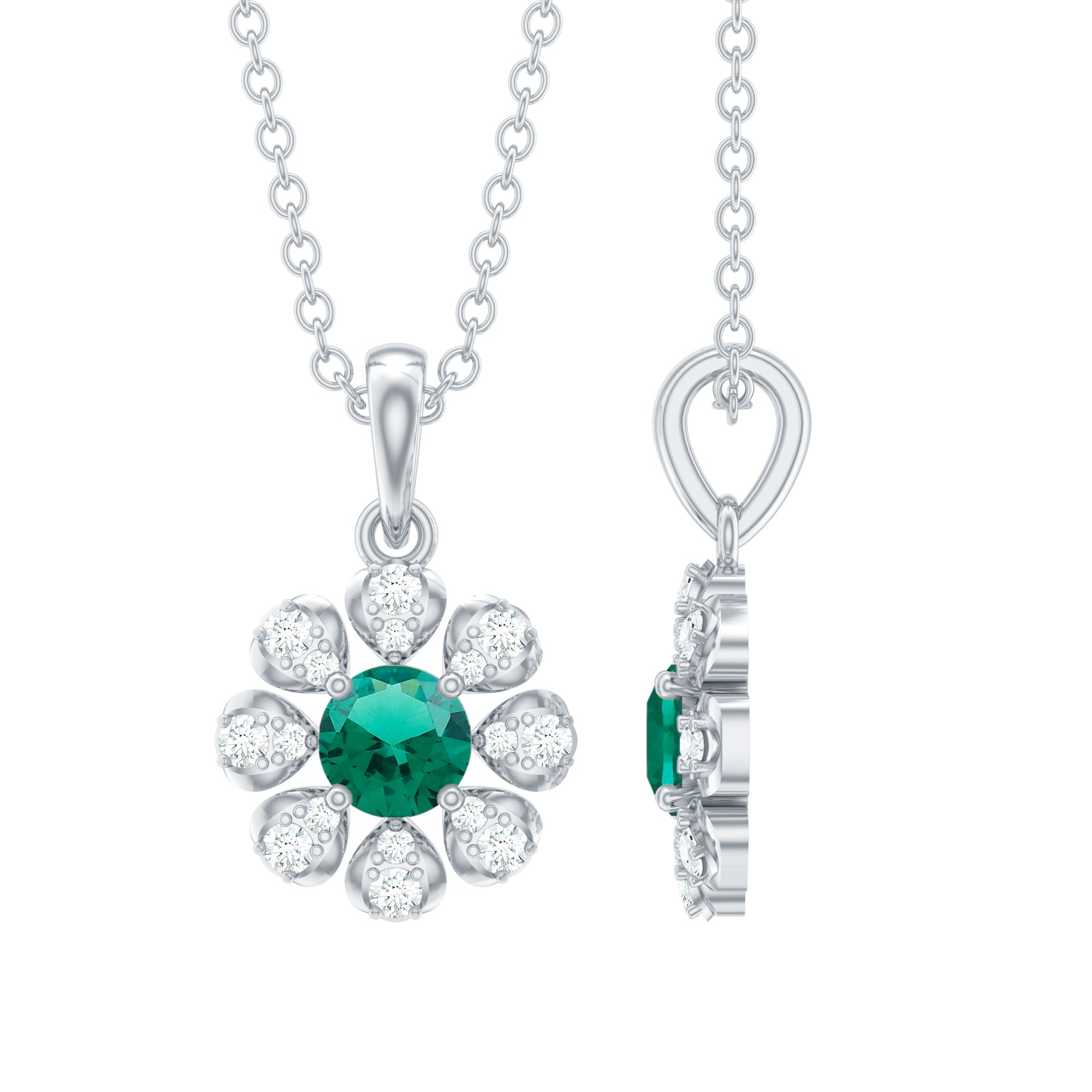 Flower Necklace with Created Emerald and Moissanite