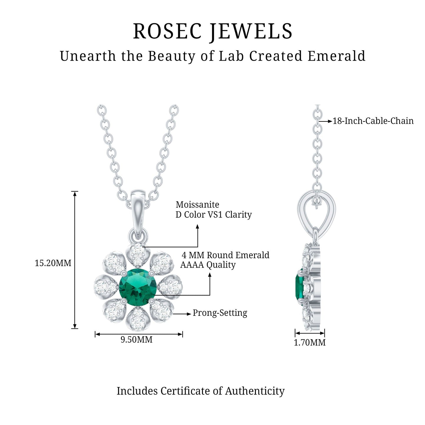 Flower Necklace with Created Emerald and Moissanite