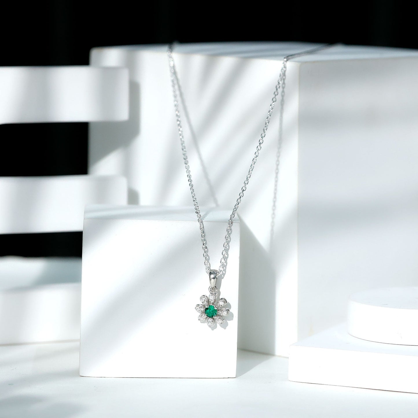 Flower Necklace with Created Emerald and Moissanite