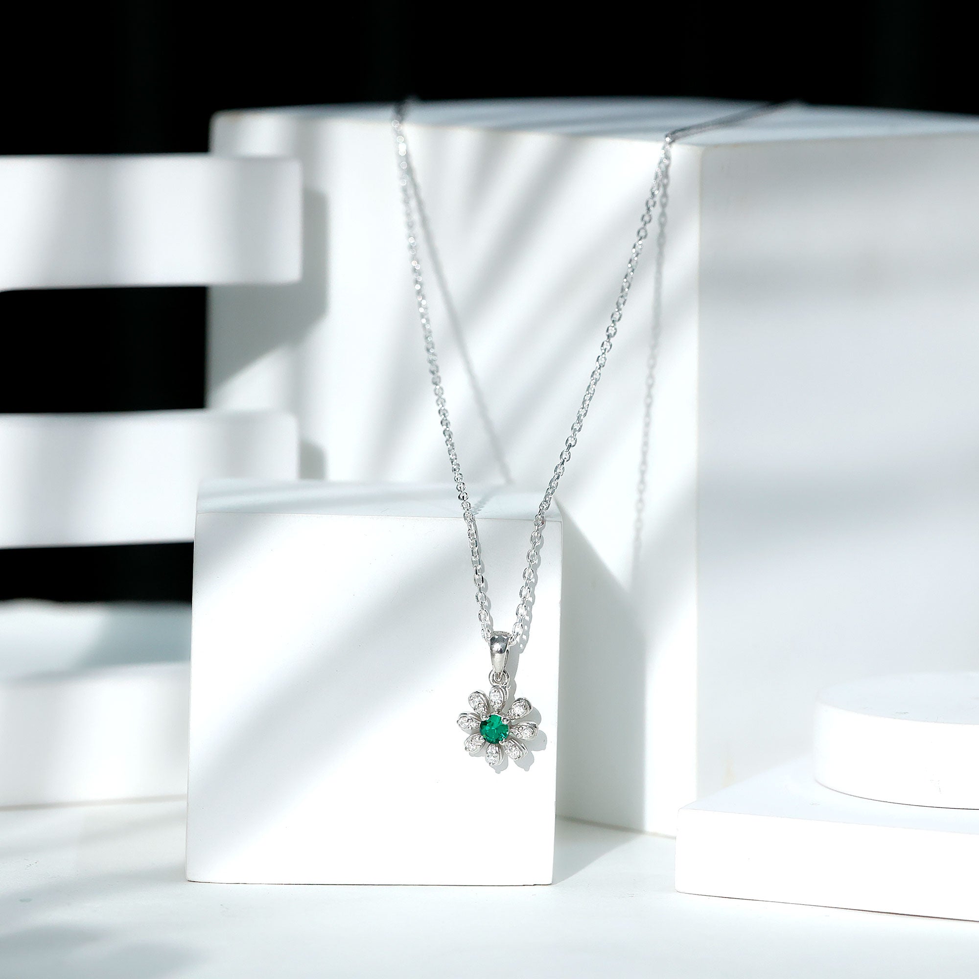 Flower Necklace with Created Emerald and Moissanite