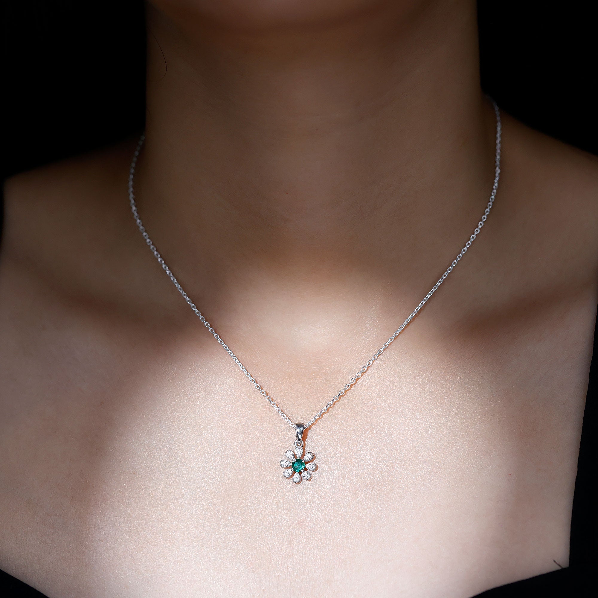 Flower Necklace with Created Emerald and Moissanite