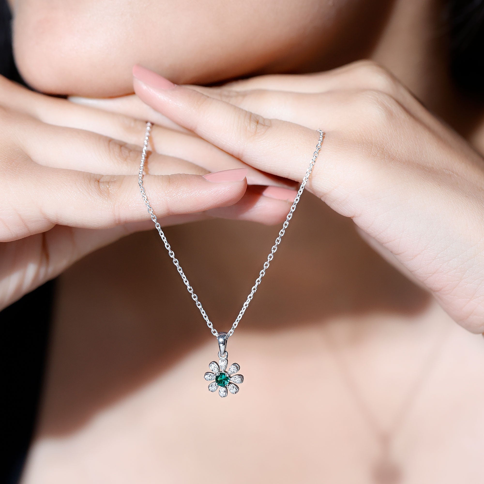 Flower Necklace with Created Emerald and Moissanite
