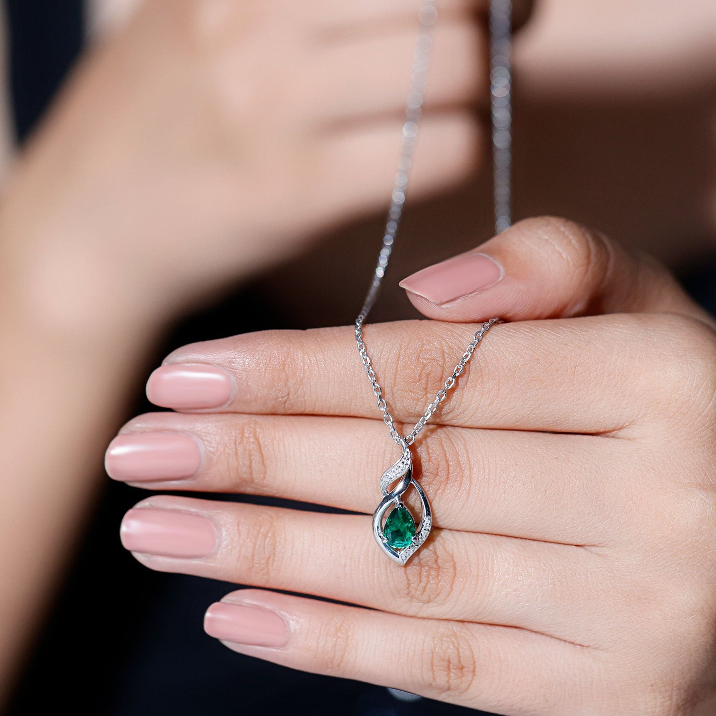 Nature Inspired Lab Emerald Designer Necklace with Silver Chain