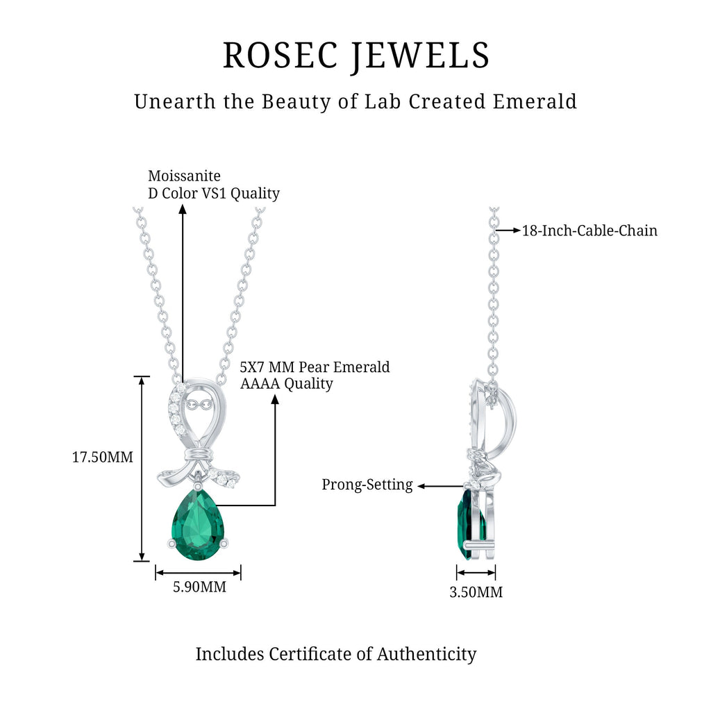 5X7 mm Pear Created Emerald Designer Pendant with Silver Chain