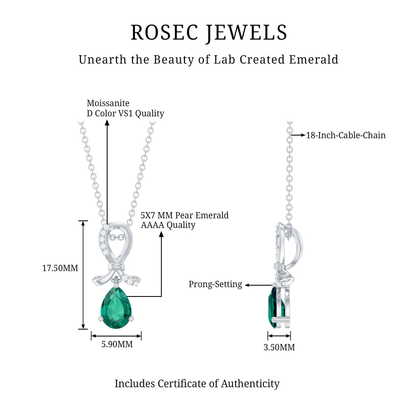 5X7 mm Pear Created Emerald Designer Pendant with Silver Chain