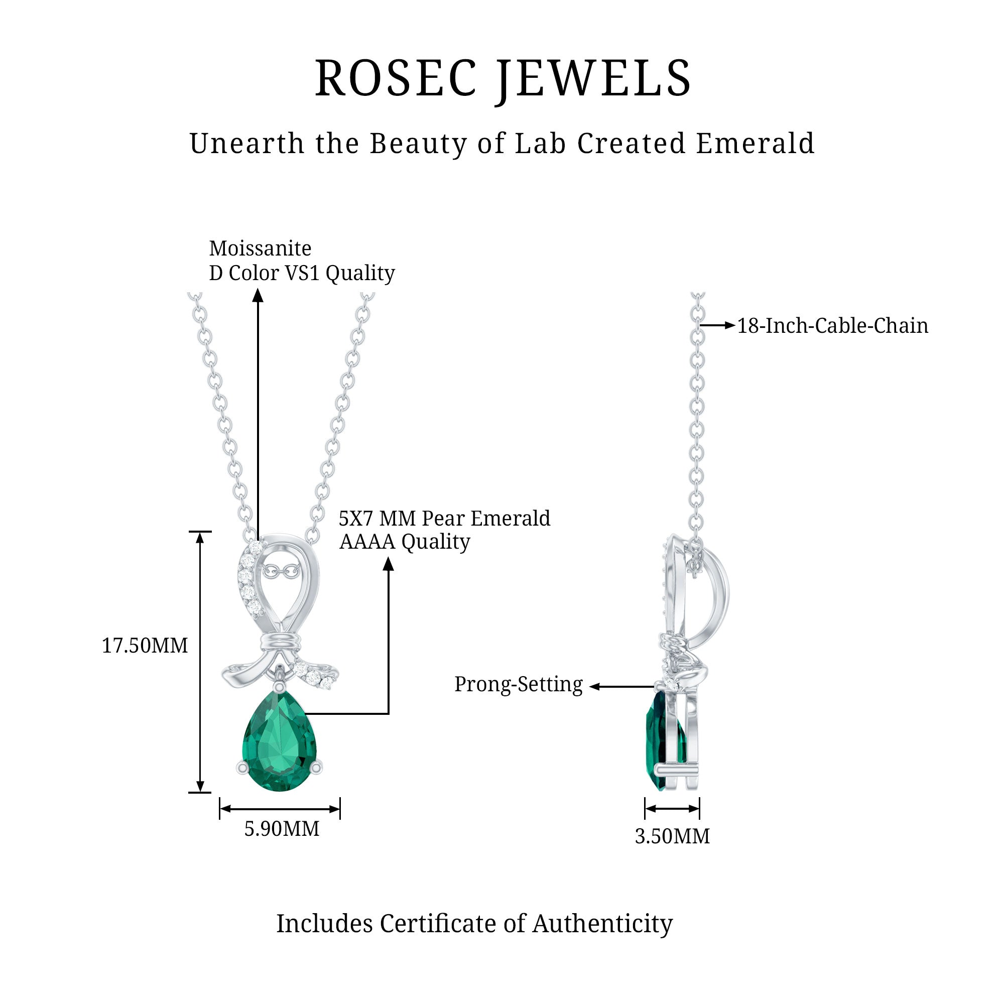 5X7 mm Pear Created Emerald Designer Pendant with Silver Chain