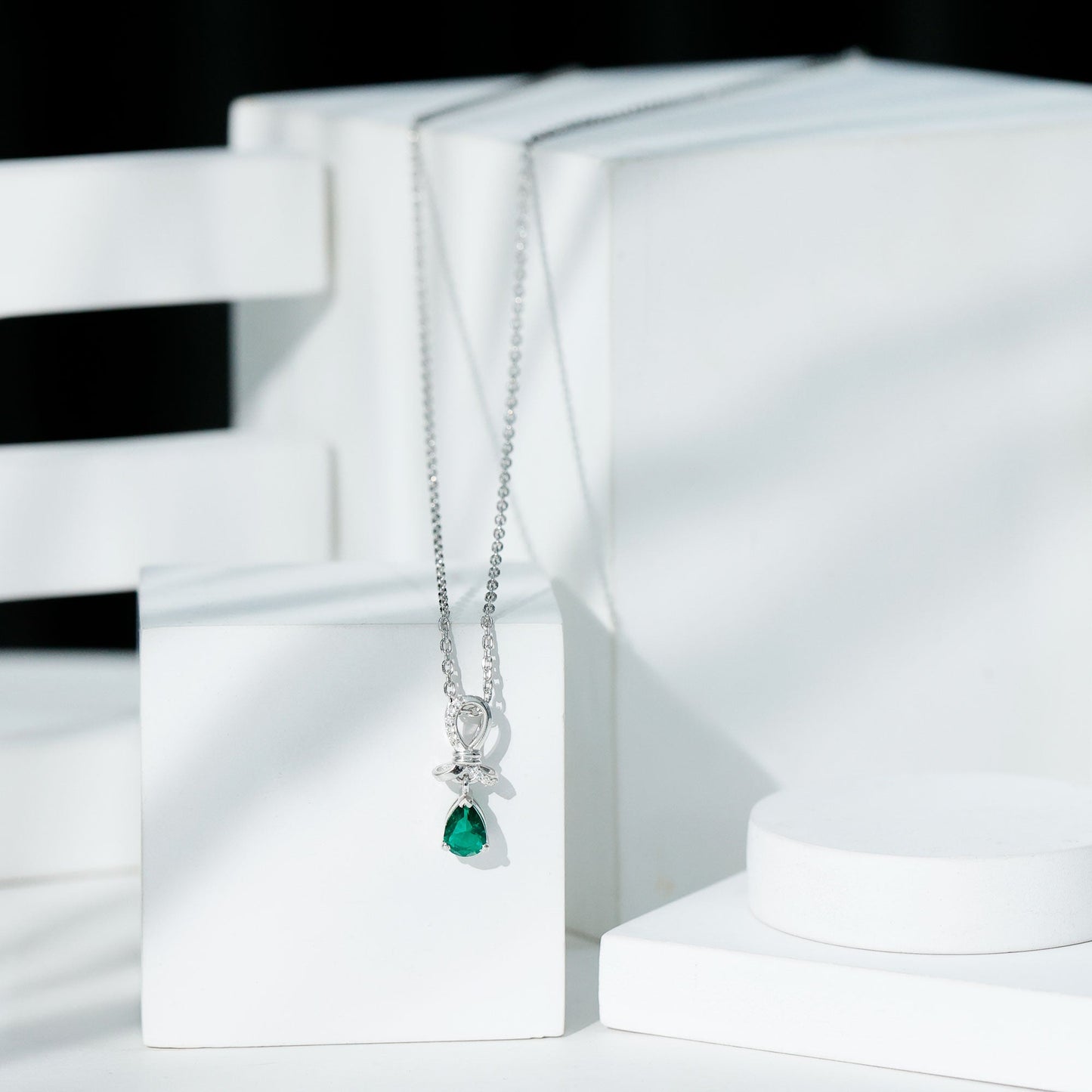 5X7 mm Pear Created Emerald Designer Pendant with Silver Chain