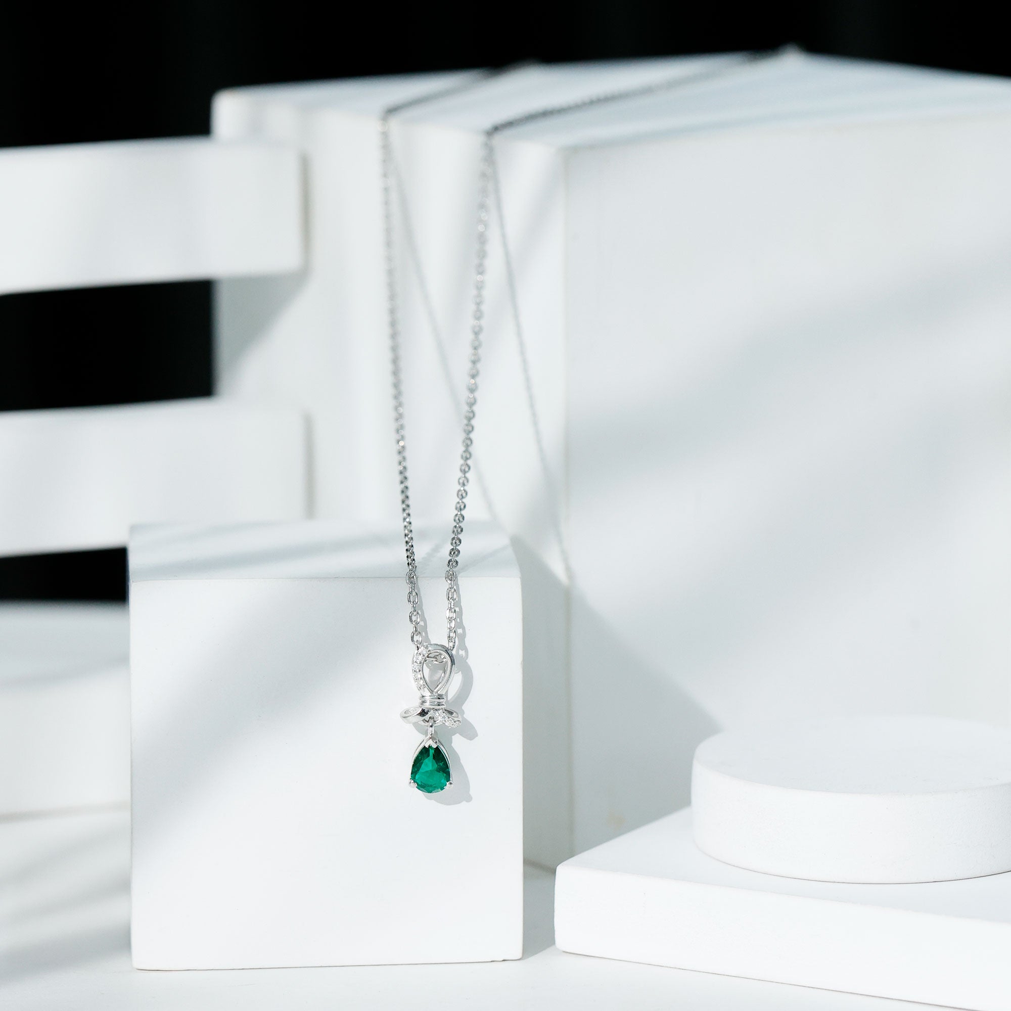 5X7 mm Pear Created Emerald Designer Pendant with Silver Chain