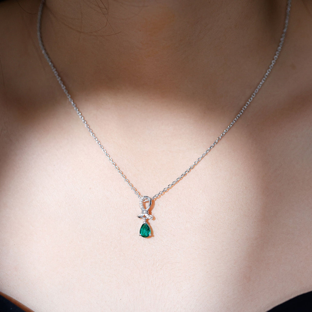 5X7 mm Pear Created Emerald Designer Pendant with Silver Chain