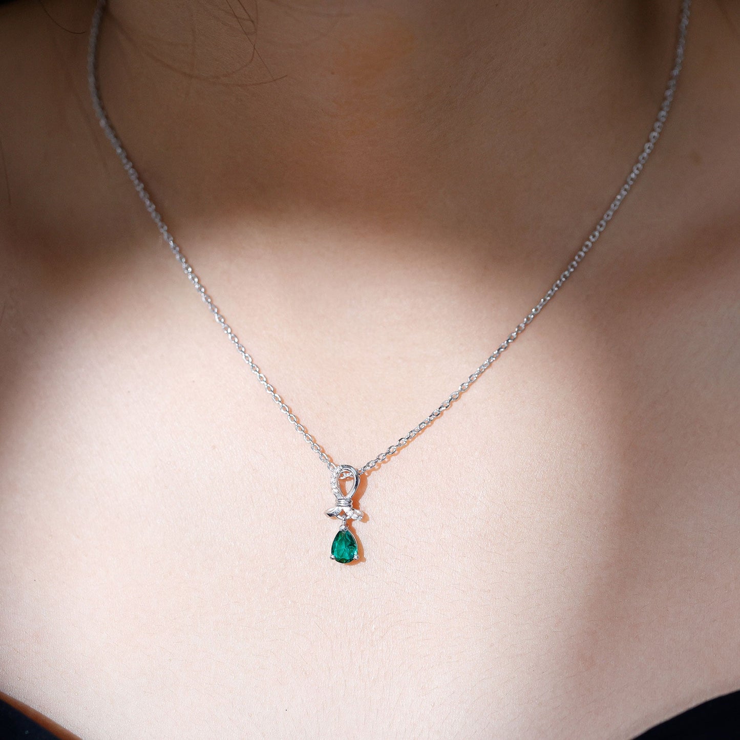 5X7 mm Pear Created Emerald Designer Pendant with Silver Chain
