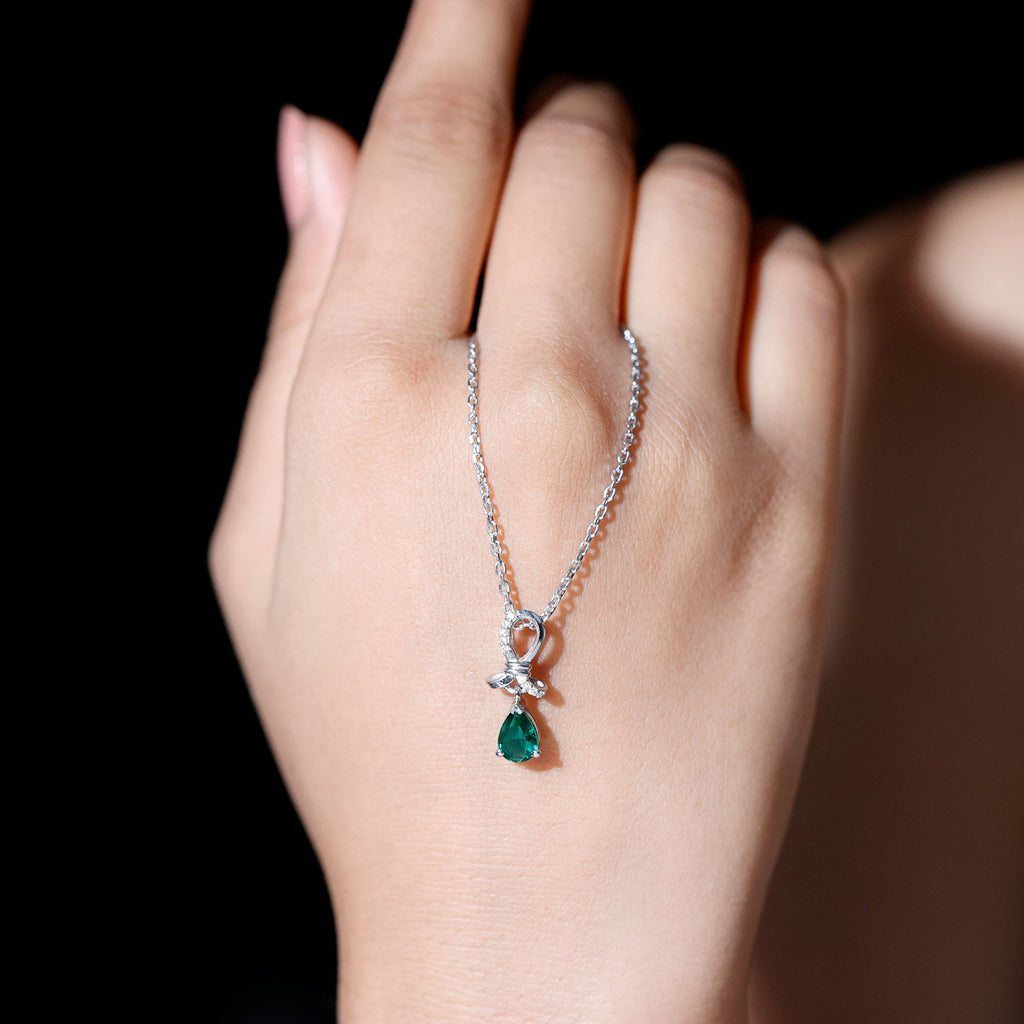 5X7 mm Pear Created Emerald Designer Pendant with Silver Chain