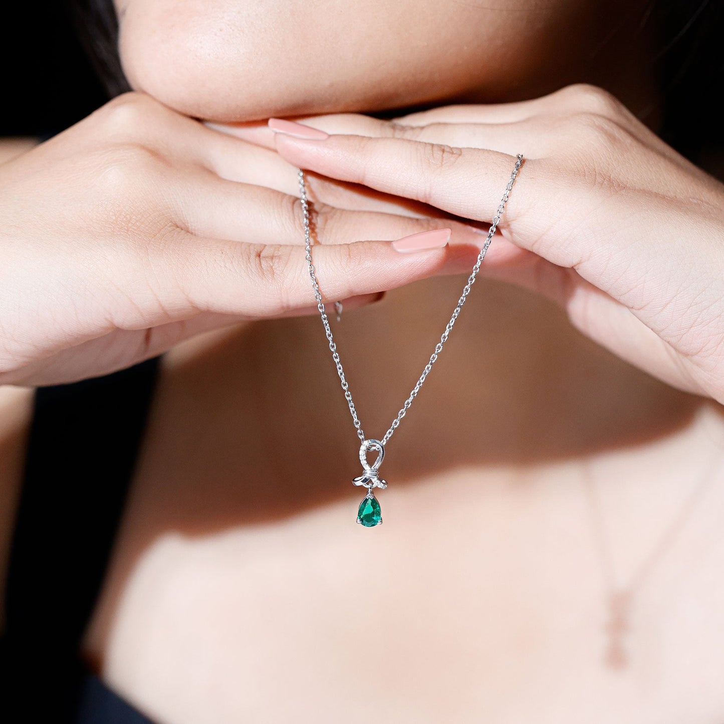 5X7 mm Pear Created Emerald Designer Pendant with Silver Chain