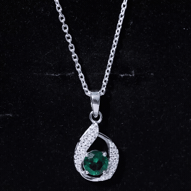 Lab Grown Emerald Drop Necklace with Silver Chain